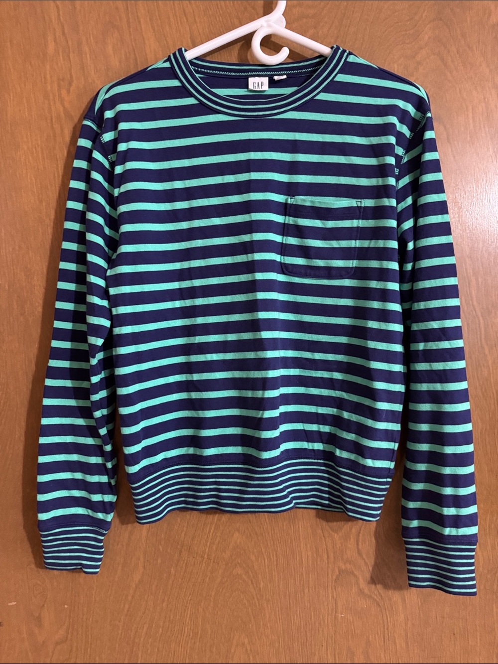 GAP Navy and Teal Striped Long Sleeve Pocket Shirt